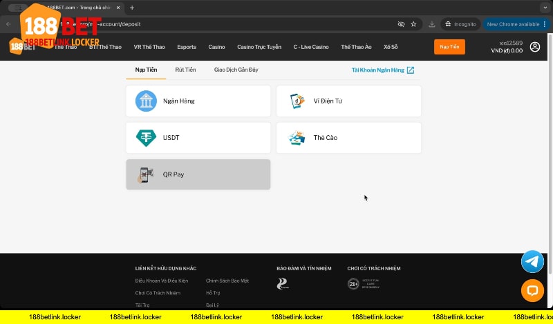 Giao diện nạp tiền 188BET link