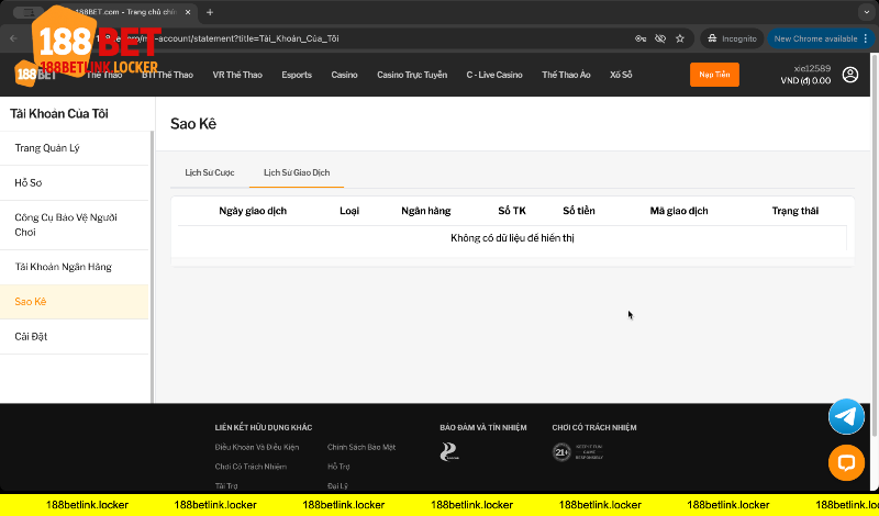 Giao diện sao kê tài khoản 188BET link