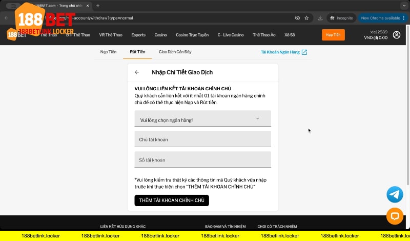 Rút tiền 188BET link qua VN iBanking