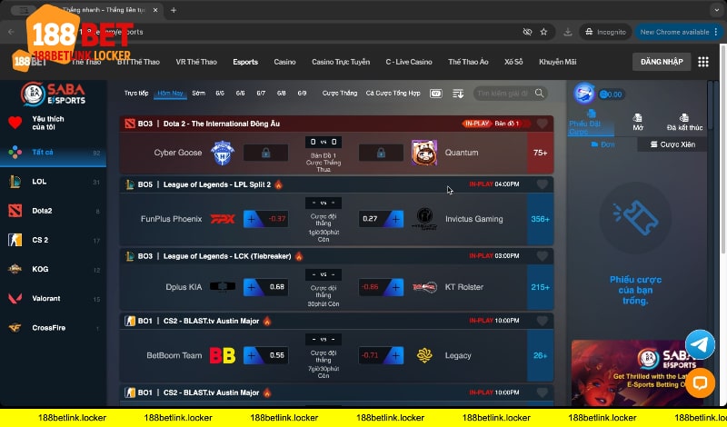 Trang esport 188BET link